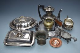 Silver plated ware including Walker and Hall, Mappin and Webb food servers, tray, spirit flask,