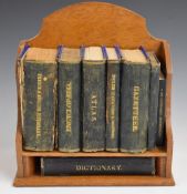 Asprey oak miniature book shelf, with reference library books including atlas, encyclopedia and