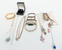 Two silver bangles, a rolled gold bangle, silver pendants, silver chains, etc