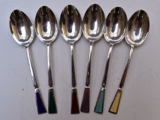 Set of six Art Deco hallmarked silver and guilloché enamel teaspoons, Birmingham 1933, maker