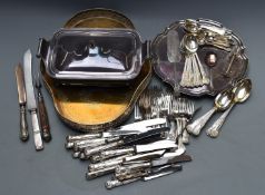 Large collection of silver plated ware including trays, salver, teaware, King's pattern cutlery etc,