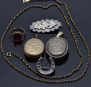 A 9ct gold necklace (8.8g), a silver Victorian locket, Victorian pinchbeck locket, Edwardian