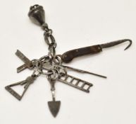 19thC cut steel chatelaine with miniature tools to include ladder, square, folding hook and spade,
