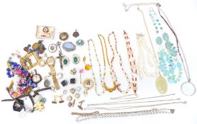 A collection of costume jewellery including banded agate stud, silver, Charles Horner button hook,