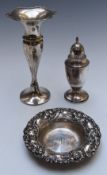 Hallmarked silver sugar caster, hallmarked silver dish with embossed rim and a hallmarked silver