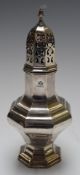 Elkington & Co. George V hallmarked silver sugar caster of octagonal baluster form, Birmingham 1912,
