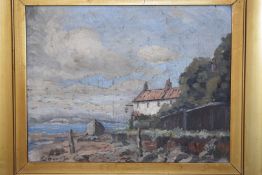 Early 20thC impressionist oil on board coastal landscape with beached boat by a cottage with
