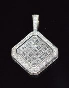 A 18ct white gold pendant set with square and round cut diamonds by Davril London, 1.6cm square, 5.