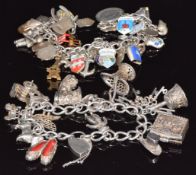 Two silver charm bracelets including enamel charms, anchor, boat, dog, car, etc, 154g