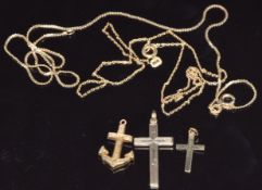 Two 9ct gold crosses, 9ct gold anchor and two 9ct gold chains, 6.2g