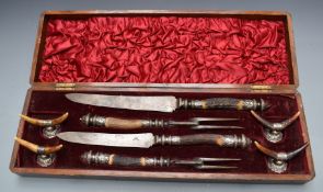 Victorian oak cased carving set with deer horn handles, knife rests, and VR cipher to blades