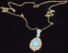 A 9ct gold necklace set with seed pearls and faux turquoise, 4.2g