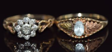 A 9ct gold ring set with diamonds, with heart decoration to the shoulders (2.5g, size N) and 9k ring