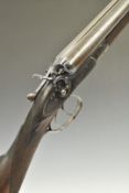 English 12 bore side by side hammer action shotgun with engraved locks, stylised hammers, trigger