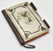 19thC inlaid abalone/mother of pearl ladies dance card holder with bird decoration, silk interior