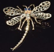 A 9ct gold dragonfly brooch with sapphire eyes,4.4g, 3.8 x 3.5cm