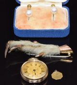 A 9ct gold mounted rabbit foot, a pair of 9ct gold earrings set with a pearl to each, a 14k gold fob