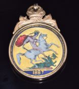 Victoria 1887 gold double sovereign with enamelled decoration in 9ct rose gold pendant mount, 17.6g