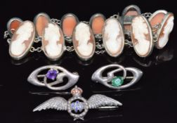 Two Charles Horner brooches, a cameo bracelet and a silver RAF brooch