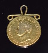 Italian 1836 Carlo Alberto 20 lire gold coin with pendant mount, 6.7g