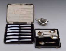 Hallmarked silver mustard with clear glass liner, spoon to suit, two pairs of hallmarked silver