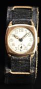 9ct gold cushion shaped gentleman's wristwatch with inset subsidiary seconds dial, luminous blued