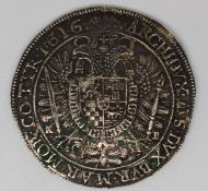 Mattias II 1616 Austro-Hungarian Taller coin. Obverse: frilled draped bust MATTHIAS - DG ROIMS - AVE