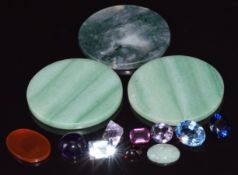 Two loose aquamarines, amethyst cabochons, garnet cabochon, moss agate plaque, agate plaque, etc