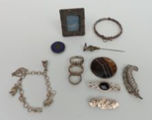 Edwardian silver brooch, Birmingham 1905, silver bamboo bangle, Scottish silver brooch, three silver