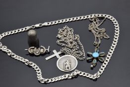 A silver curb link necklace, silver St Christopher on chain, continental silver pendant, Victorian