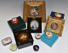 A collection of 19thC and later enamel boxes including Halcyon Days, continental example with