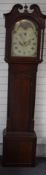 Georgian oak cased longcase clock, indistinct T Mawkis Derby to painted Roman dial decorated with
