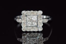 Art Deco 18ct white gold ring set with rose cut and old cut diamonds in a square setting, 3g, size