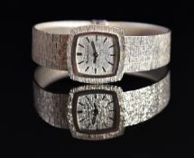 Bueche Girod 9ct white gold ladies wristwatch with black hands and baton markers, textured dial