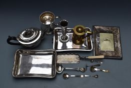 Georgian silver plated teapot, length 27.5cm, silver plated photograph frame, tankard etc