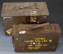 Two metal military 7.62mm rifle ammunition cases, one for 200 rounds, the other for 400.