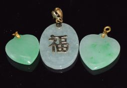 Chinese jadeite pendant with 14k gold pendant loop and Chinese character to the centre and two heart