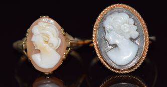 Two 9ct gold rings set with a cameo to each, 4.8g, size M & N