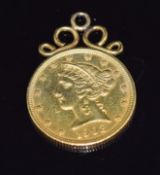 American 1902 liberty head half eagle five dollar gold coin with pendant mount, 8.8g