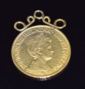 Dutch 1912 Wilhelmina 10 Gulden gold coin with pendant mount, 7.2g