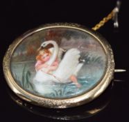 Victorian brooch set with a painted porcelain plaque depicting Leda and the swan, 4.5 x 3.7cm