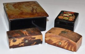 Two signed Russian lacquer boxes, length of larger 10.5cm, and two 19thC tortoiseshell snuff boxes
