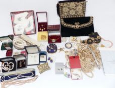 A collection of costume jewellery including silver necklace, silver earrings, faux pearls etc