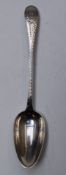 Irish provincial silver dessert spoon with bright cut decoration, maker Carden Terry of Cork, length
