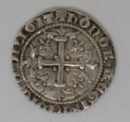 Hammered silver medieval c1300-1350 coin possibly Italian, enthroned king obverse, cross and fleur