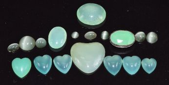 Eight loose chrysoberyl cabochons, seven heart cut chrysoprase and three other chrysoprase
