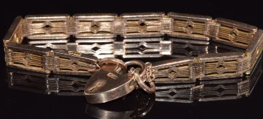 Art Deco 9ct gold bracelet with heart padlock, 17.8g