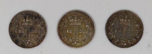 Three Maundy pennies comprising George IV 1826 with William IV 1835 and 1836 examples