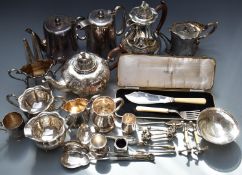 Silver plated ware including teaware, cutlery, knife rests, tankards, Elkington salt and pepper etc