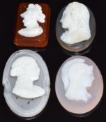 Four c1900 carved agate cameos depicting classical figures, largest 2.4 x 1.5cm